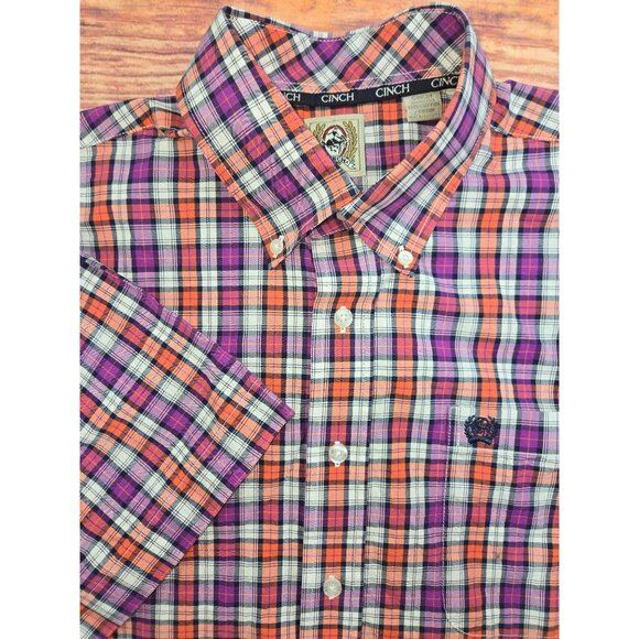 Cinch Mens Plaid Short Sleeve Button-Down Shirt Medium Orange Purple - Picture 4 of 7